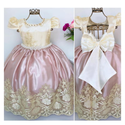 Vestido Infantil Damas de Honra Nude e Marfim Renda Realeza