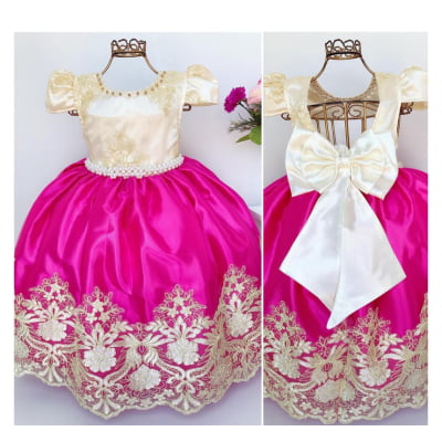 Vestido Infantil Damas de Honra Pink e Marfim Renda Realeza