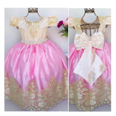 Vestido Infantil Damas de Honra Rosa e Marfim Renda Realeza