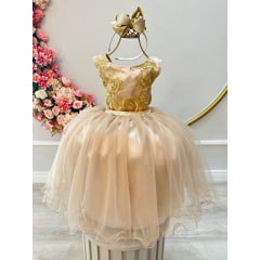 Vestido Infantil Dourado C/ Renda Metalizada Daminhas Festas