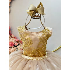 Vestido Infantil Dourado C/ Renda Metalizada Daminhas Festas