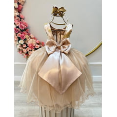 Vestido Infantil Dourado C/ Renda Metalizada Daminhas Festas