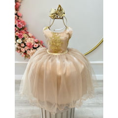 Vestido Infantil Dourado C/ Renda Metalizada Festas Daminhas