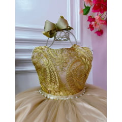Vestido Infantil Dourado Damas de Honra Cinto Pérola Strass