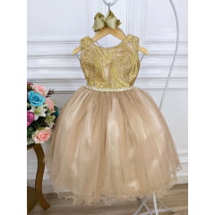 Vestido Infantil Dourado Damas de Honra Cinto Pérola Strass