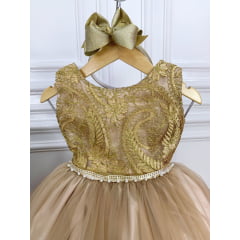 Vestido Infantil Dourado Damas de Honra Cinto Pérola Strass