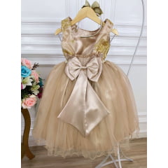 Vestido Infantil Dourado Damas de Honra Cinto Pérola Strass