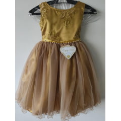 Vestido Infantil Dourado Renda Cinto Com Pérolas Strass