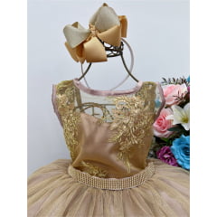 Vestido Infantil Dourado Renda e Tule com Brilho Damas Honra
