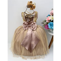 Vestido Infantil Dourado Renda e Tule com Brilho Damas Honra