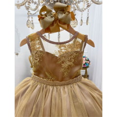 Vestido Infantil Dourado Renda e Tule com Brilho Damas Honra