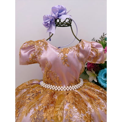 Vestido Infantil Lilás C/ Renda Dourada Realeza Pérolas
