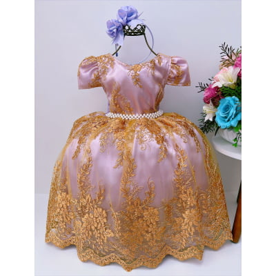 Vestido Infantil Lilás C/ Renda Dourada Realeza Pérolas Vestido Infantil Lilás C/ Renda Dourada Realeza Pérolas