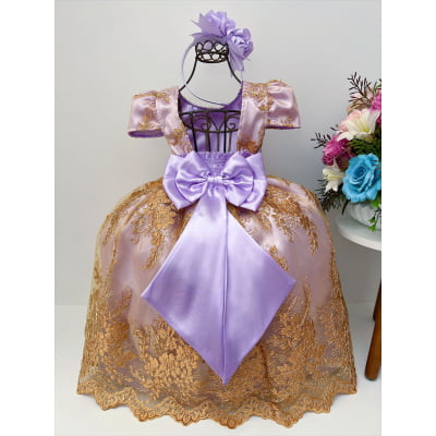 Vestido Infantil Lilás C/ Renda Dourada Realeza Pérolas