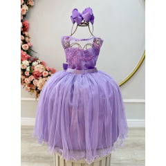 Vestido Infantil Lilás Renda Metalizada Tule C/ Brilho Damas