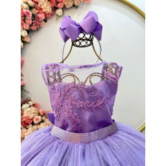 Vestido Infantil Lilás Renda Metalizada Tule C/ Brilho Damas