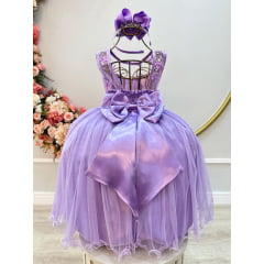 Vestido Infantil Lilás Renda Metalizada Tule C/ Brilho Damas