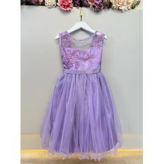 Vestido Infantil Lilás Renda Metalizada Tule C/ Brilho Damas