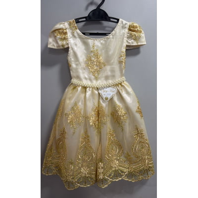Vestido Infantil Marfim Com Renda Realeza Dourada e Pérolas Vestido Infantil Marfim Com Renda Realeza Dourada e Pérolas