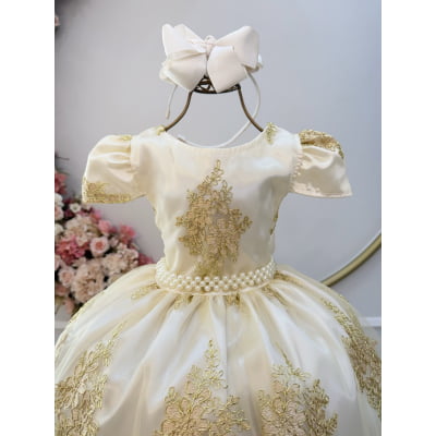 Vestido Infantil Marfim Com Renda Realeza Dourada e Pérolas