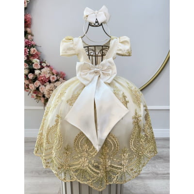 Vestido Infantil Marfim Com Renda Realeza Dourada e Pérolas