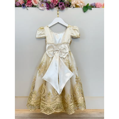 Vestido Infantil Marfim Com Renda Realeza Dourada e Pérolas