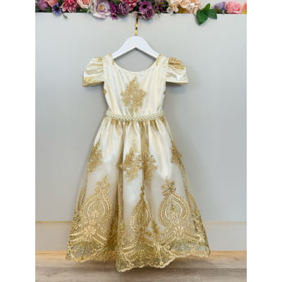Vestido Infantil Marfim Com Renda Realeza Dourada e Pérolas