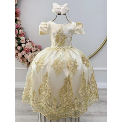 Vestido Infantil Marfim Com Renda Realeza Dourada e Pérolas