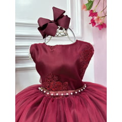 Vestido Infantil Marsala Damas de Honra Cinto Pérola Strass