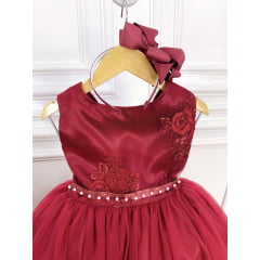 Vestido Infantil Marsala Damas de Honra Cinto Pérola Strass