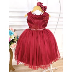 Vestido Infantil Marsala Damas de Honra Cinto Pérola Strass