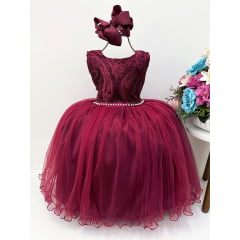 Vestido Infantil Marsala Renda C/ Cinto de Pérolas Strass