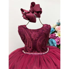 Vestido Infantil Marsala Renda C/ Cinto de Pérolas Strass