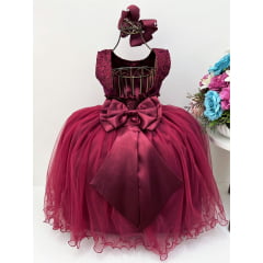 Vestido Infantil Marsala Renda C/ Cinto de Pérolas Strass