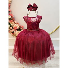 Vestido Infantil Marsala Renda Metalizada Tule C/ Brilho Damas