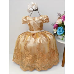 Vestido Infantil Marfim C/ Renda Dourada Realeza Pérolas