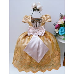 Vestido Infantil Marfim C/ Renda Dourada Realeza Pérolas