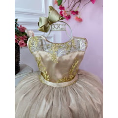 Vestido Infantil Nude C/ Renda Metalizada Tule Brilho Damas
