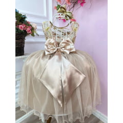 Vestido Infantil Nude C/ Renda Metalizada Tule Brilho Damas