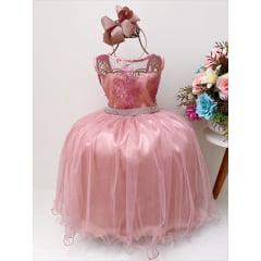 Vestido Infantil Rosé Renda Realeza Luxo Pérolas