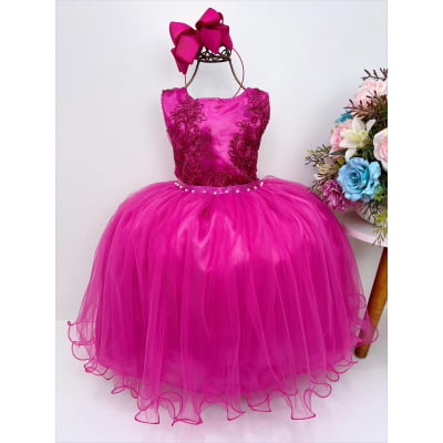 Vestido Infantil Pink Damas de Honra Cinto Strass e Pérola