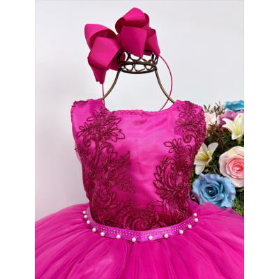 Vestido Infantil Pink Damas de Honra Cinto Strass e Pérola