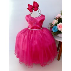Vestido Infantil Pink Renda Cinto Pérolas e Strass