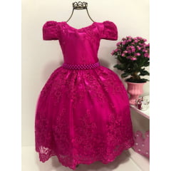 Vestido Infantil Pink Renda Realeza Princesa Cinto Pérolas