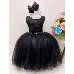 Vestido Infantil Preto Damas de Honra Cinto Pérola e Strass