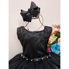 Vestido Infantil Preto Damas de Honra Cinto Pérola e Strass