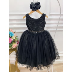 Vestido Infantil Preto Damas de Honra Renda Pérola e Strass