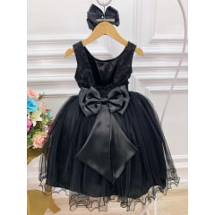 Vestido Infantil Preto Damas de Honra Renda Pérola e Strass