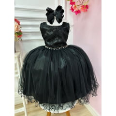 Vestido Infantil Preto Damas de Honra Renda Pérola e Strass