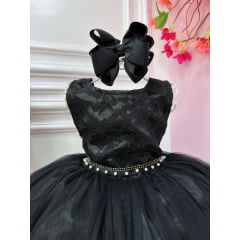 Vestido Infantil Preto Damas de Honra Renda Pérola e Strass